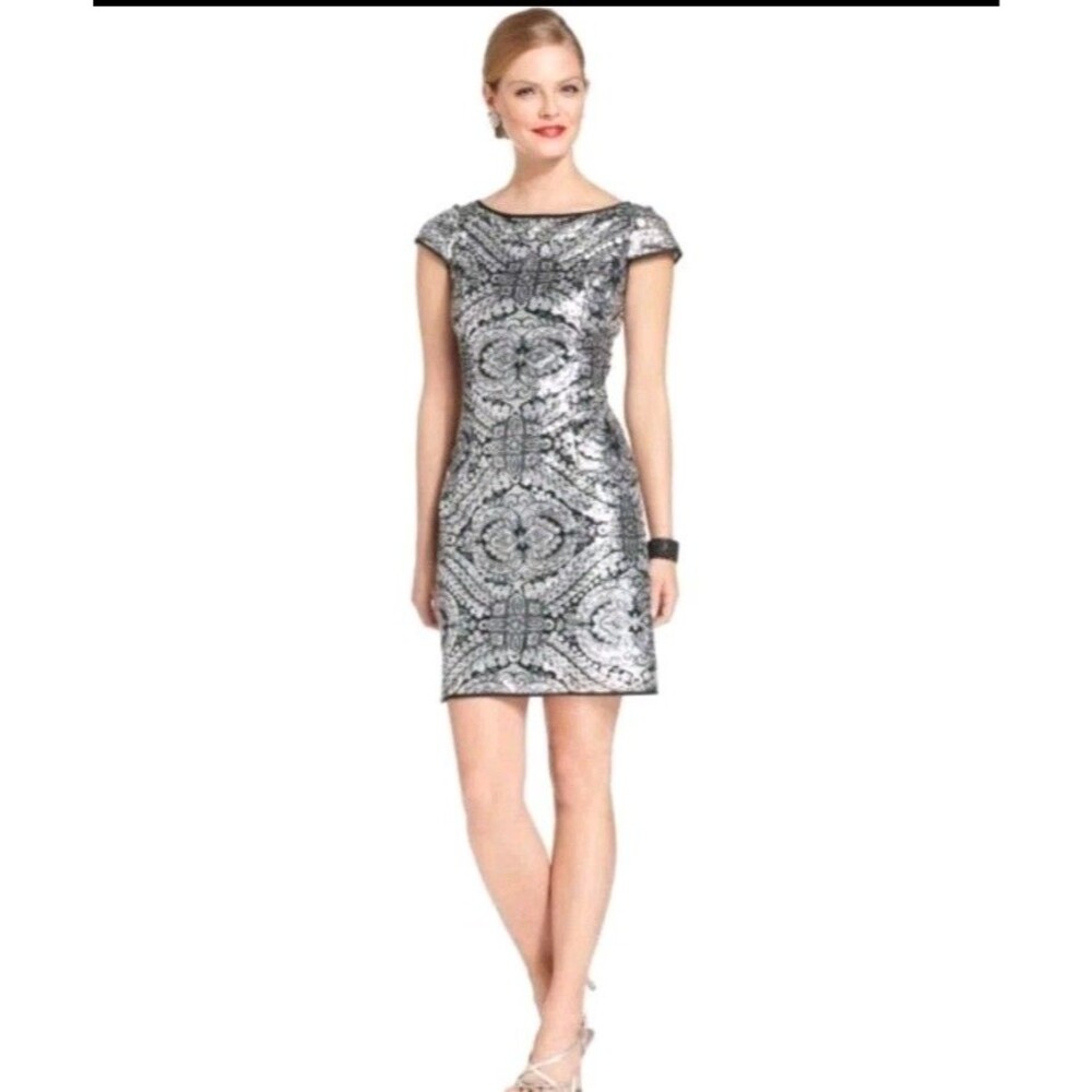 $190 Adrianna Papell Sz 8 Platinum Sequin Print Illusion Brocade Dress M3020